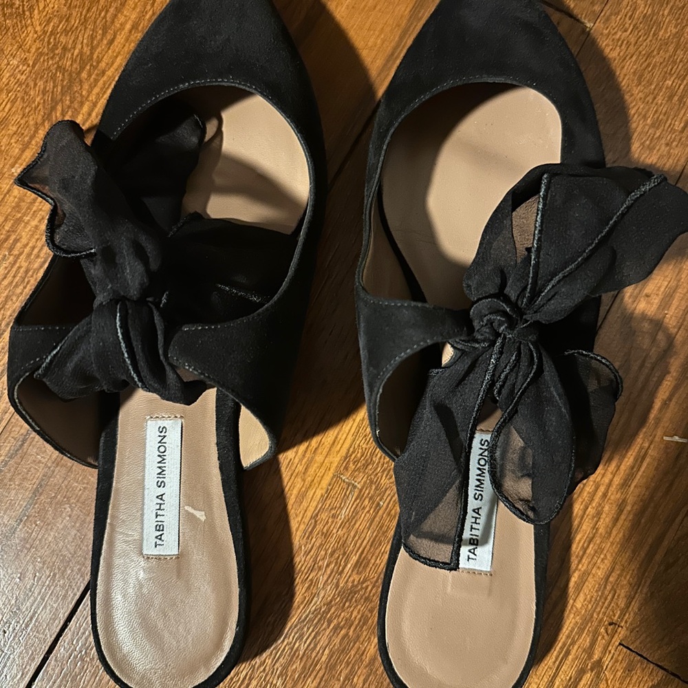 Tabitha Simmons Black Mules with Bow Detail